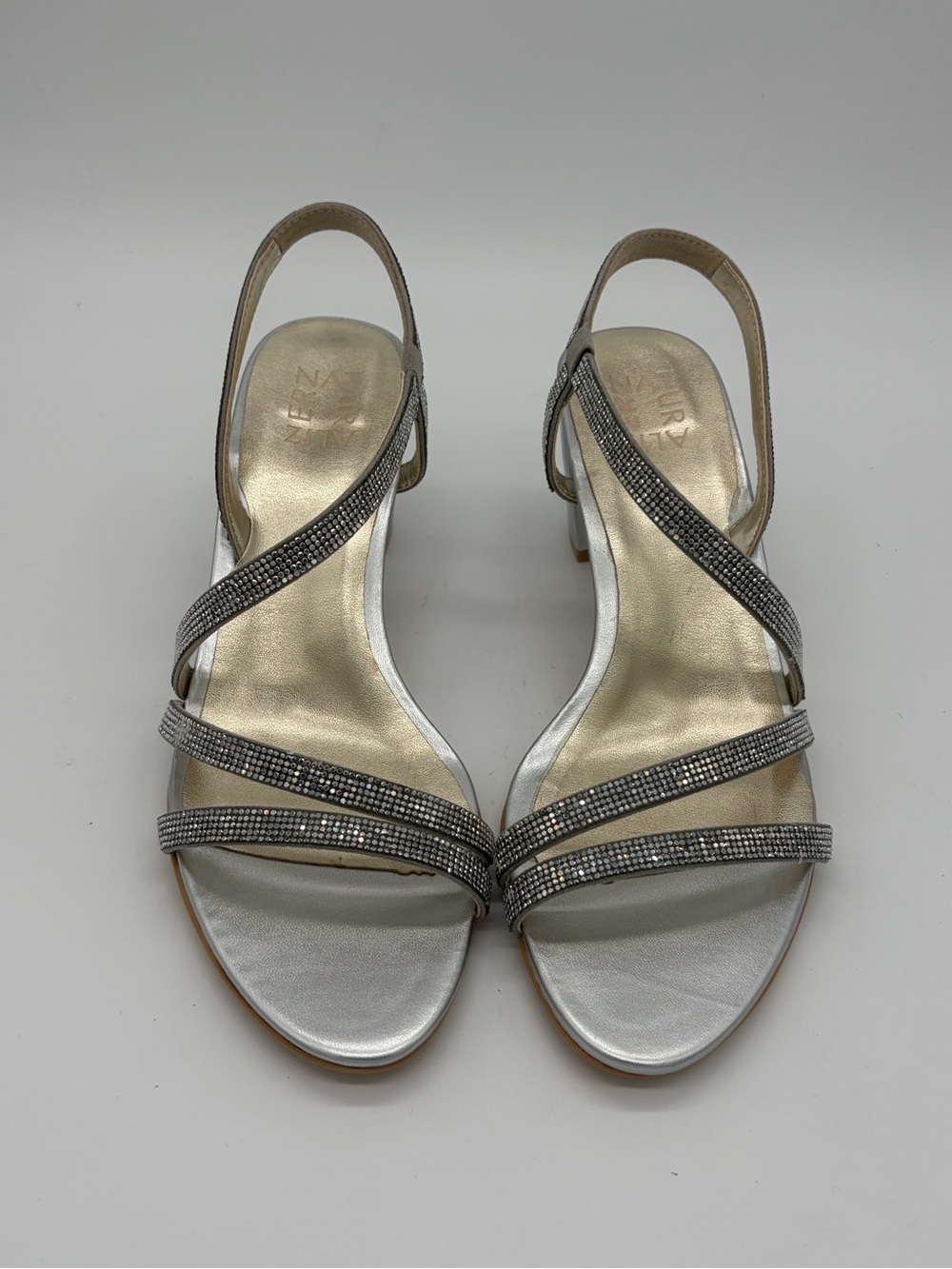Naturalizer Silver Metallic Rhinestone Sling Heel Sandals - Picture 2 of 8